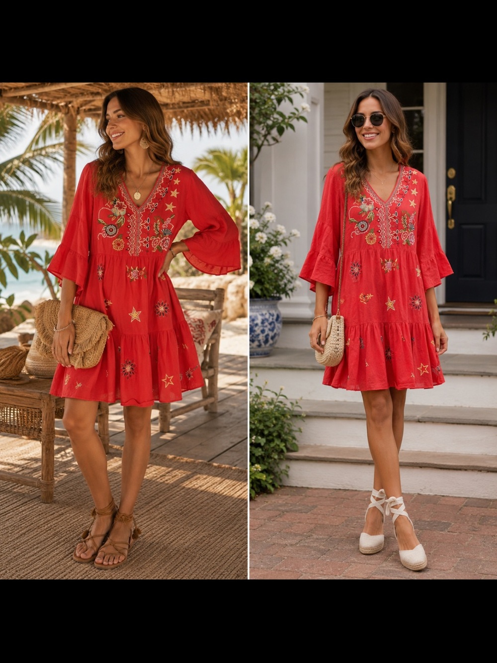 Kyla Seo Carter Dress Linen Embroidered Spicy Orange Tiered Boho Peasant Beach